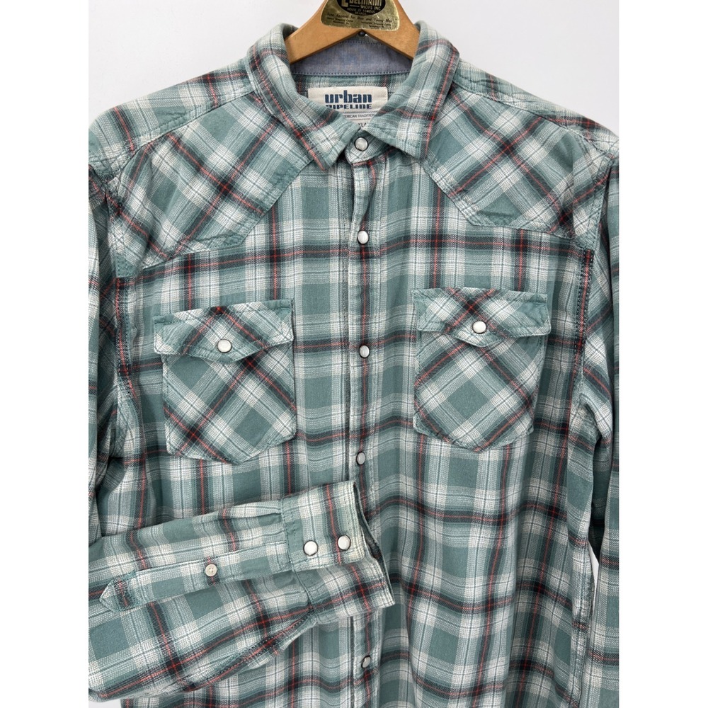 Urban Pipeline Womens XL Teal Plaid Western Pearl Snap Flannel Shirt Cotton